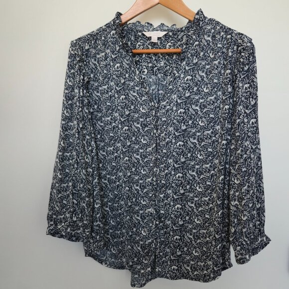 Lauren Conrad Button Front Blouse Ruffle Collar Fox Rabbits Forest Print Size L - Picture 8 of 9